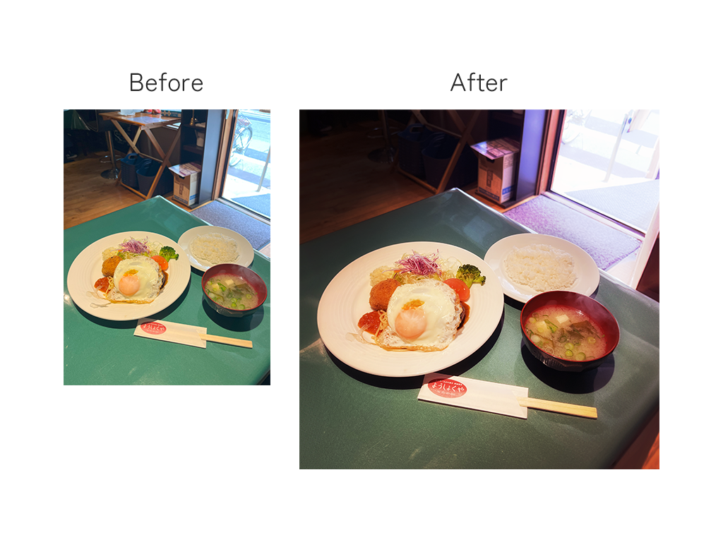 ハンバーグ定食の写真の加工前と加工後
